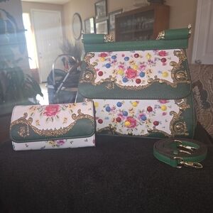 LADYSKY Floral Embellished Green and White Handbag Set